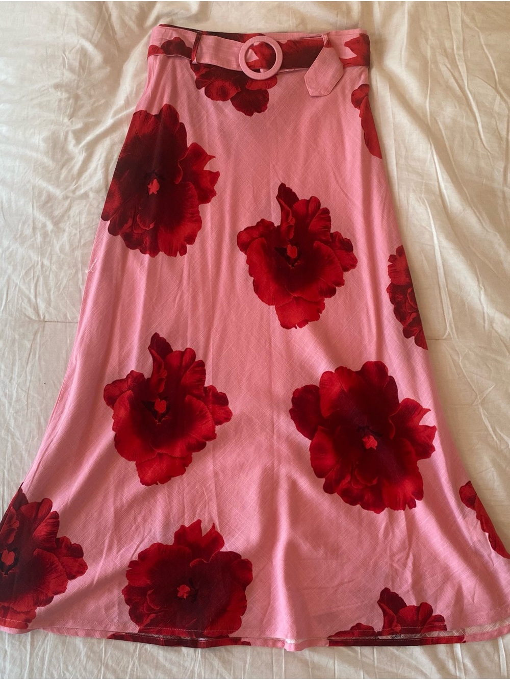 Pink Maxi Skirt with Red Floral Print